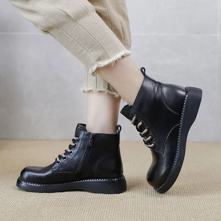 Genuine Leather Round Toe Martin Boots Thick Soled Women's Shoes