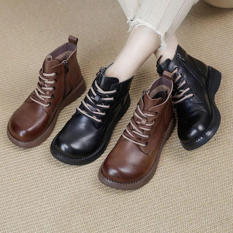 Genuine Leather Round Toe Martin Boots Thick Soled Women's Shoes