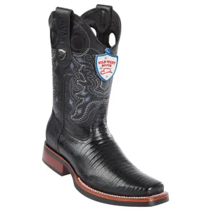 Genuine Teju Lizard Square Toe Boot with Rubber outsole in Black
