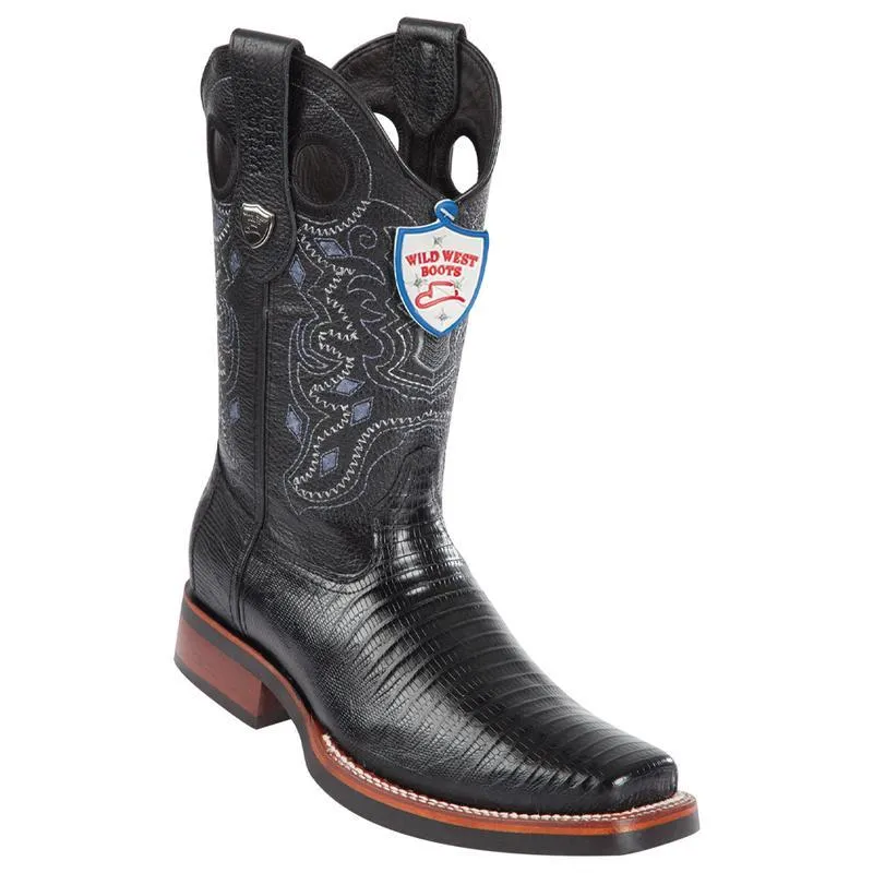 Genuine Teju Lizard Square Toe Boot with Rubber outsole in Black