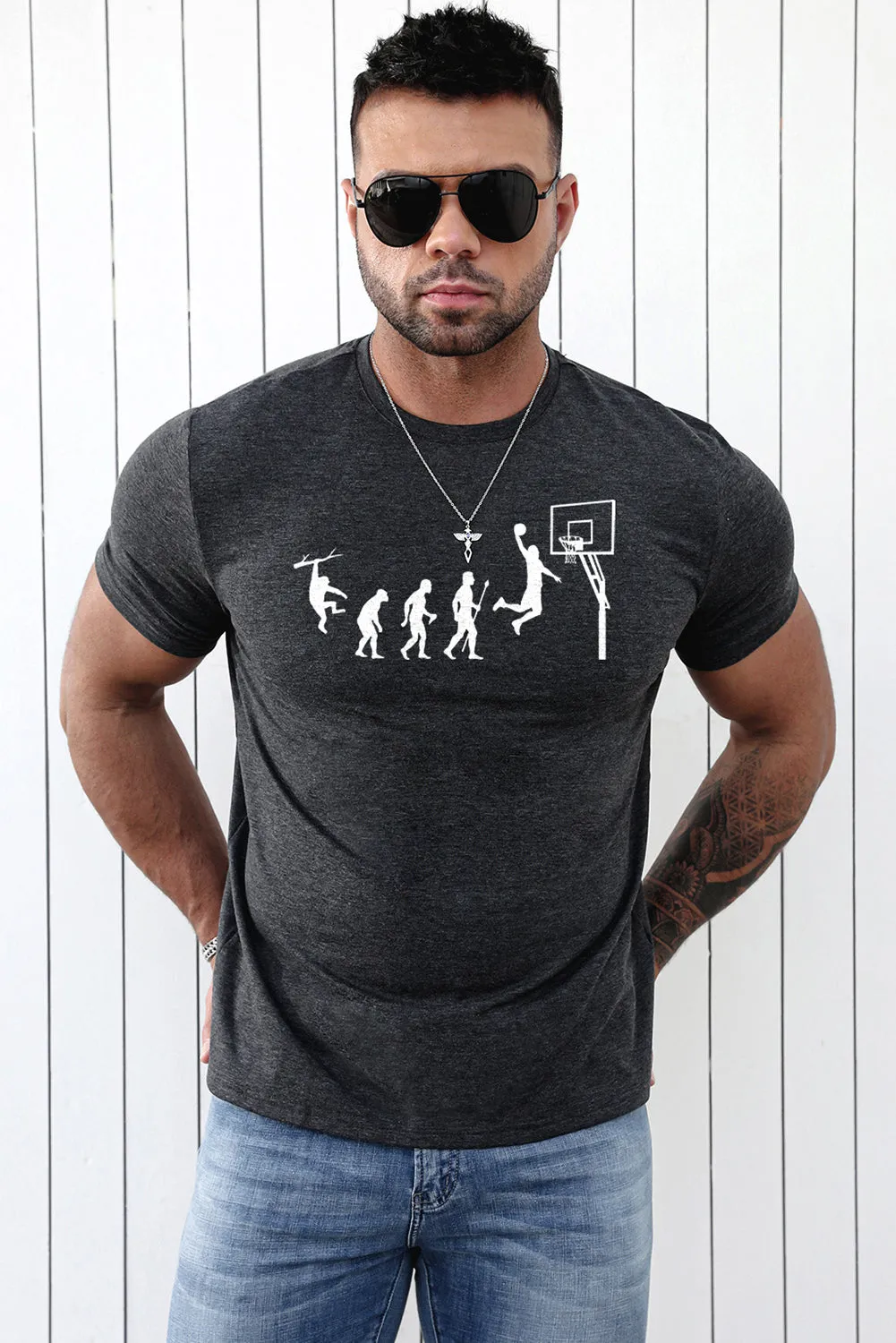 Gray Men's Basketball Graphic Print Slim-fit Short Sleeve T Shirt