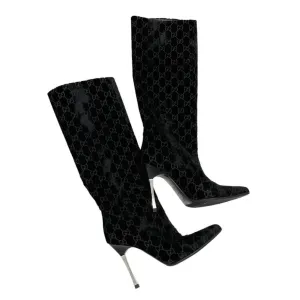 Gucci Black Logo Velvet Boots