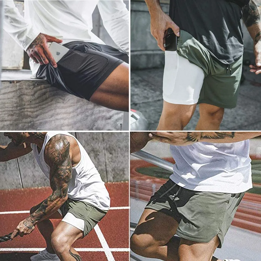 HANERDUN Men 2 in 1 Workout Running Athletic Shorts Sport Pants with Pocket