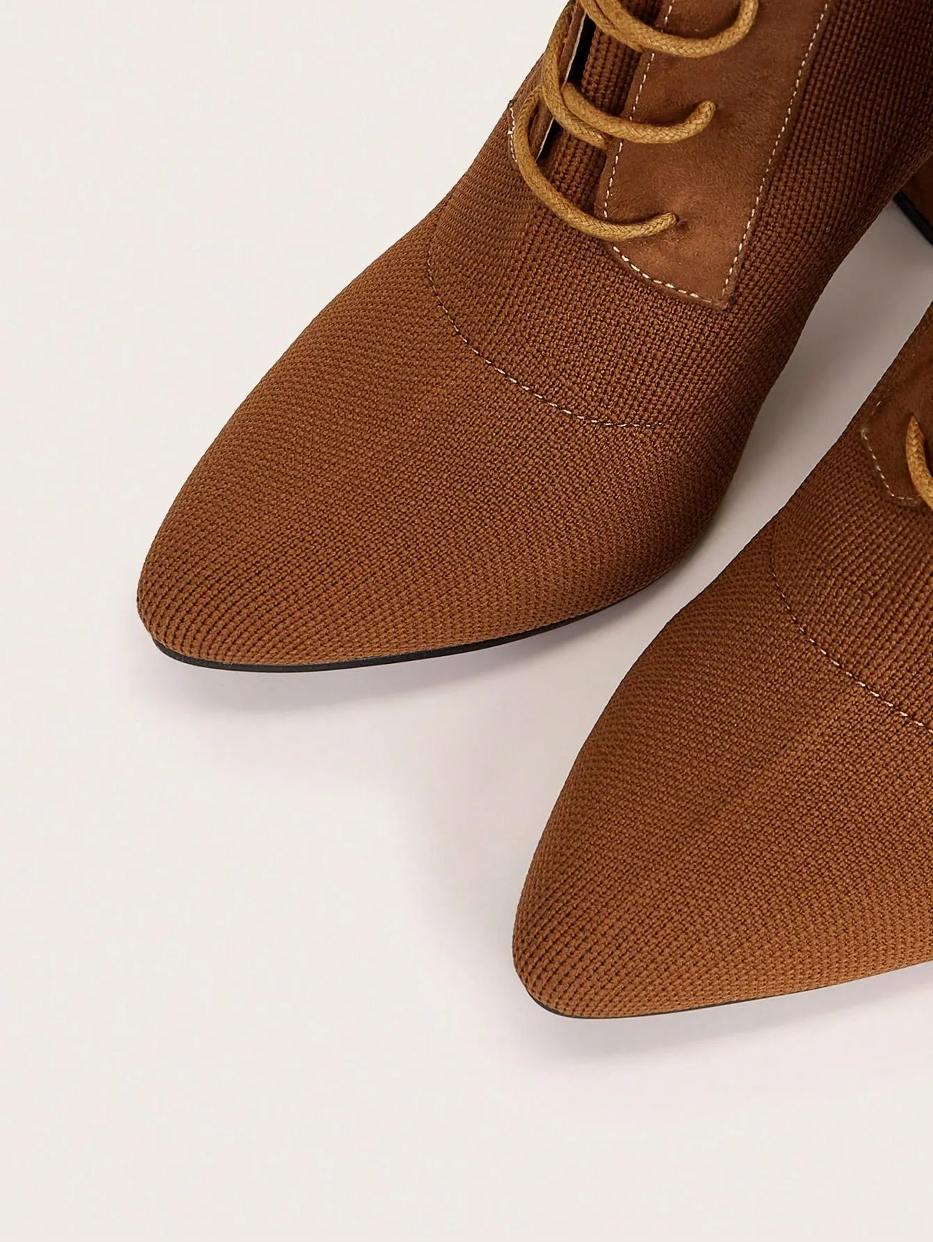 Knit Detail Point Toe Lace-up Front Chunky Sock Boots - Brown