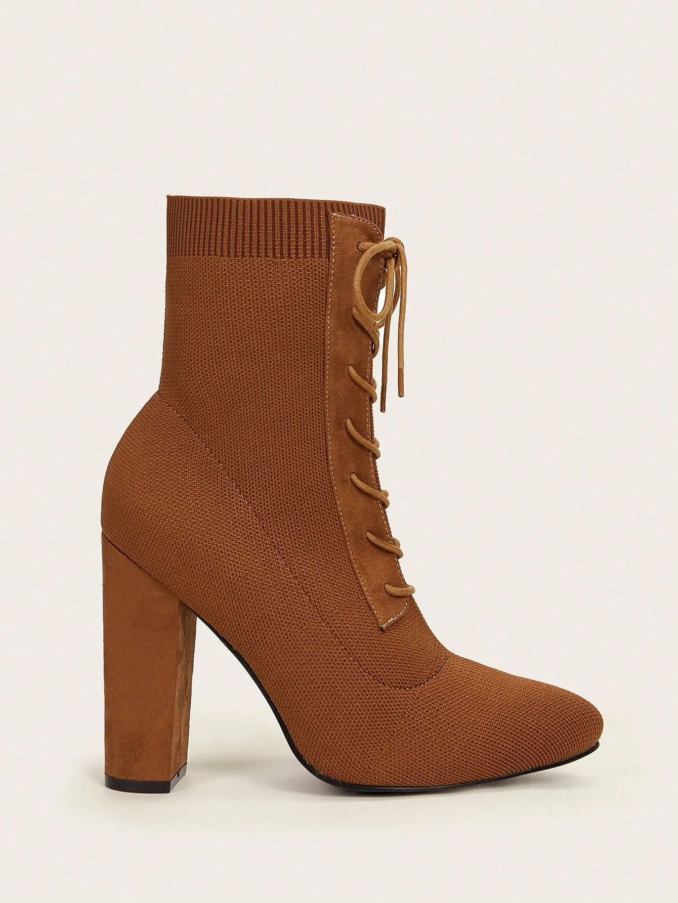 Knit Detail Point Toe Lace-up Front Chunky Sock Boots - Brown