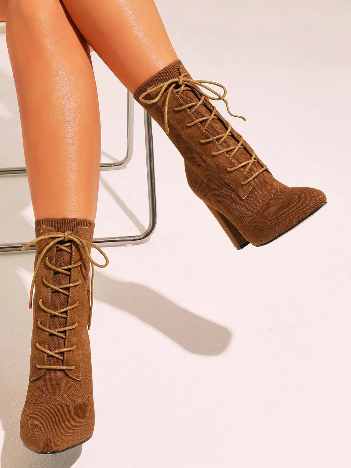 Knit Detail Point Toe Lace-up Front Chunky Sock Boots - Brown