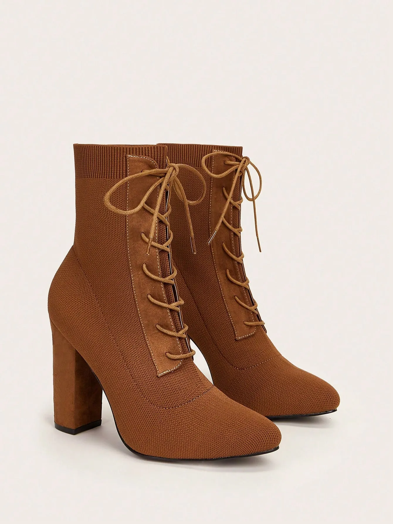 Knit Detail Point Toe Lace-up Front Chunky Sock Boots - Brown