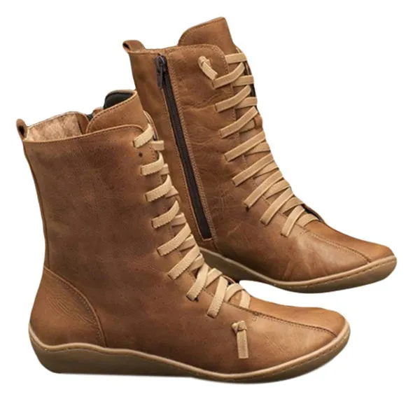 Leather Boots Side Zipper Martin Low Heel Vintage Casual Shoes