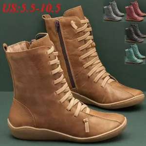 Leather Boots Side Zipper Martin Low Heel Vintage Casual Shoes