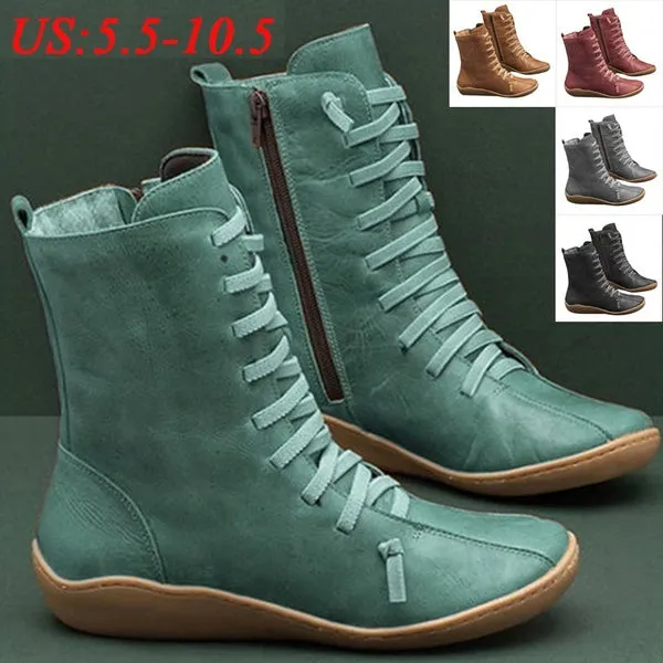 Leather Boots Side Zipper Martin Low Heel Vintage Casual Shoes