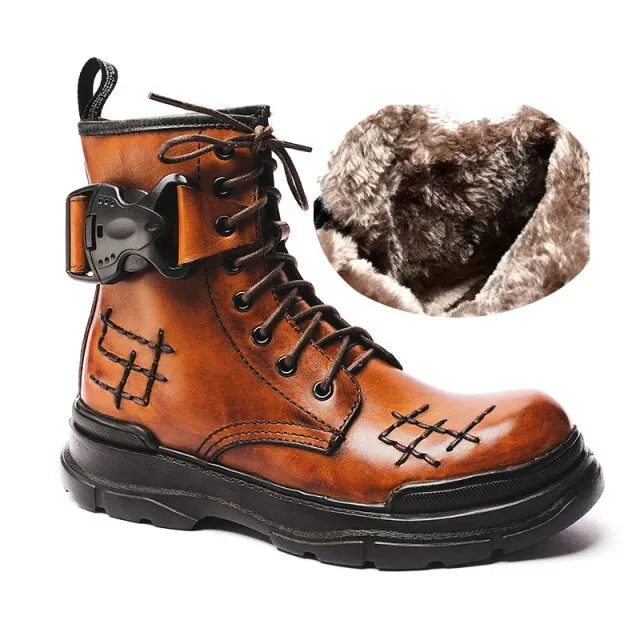 Mens Lace Up Round Toe Winter Outdoor Warm Tooling Boots