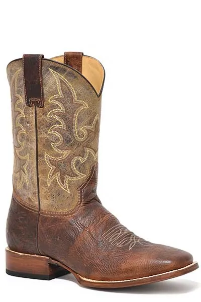 Men's Stetson Cognac Bison Broad Square Toe Boots with Waxy Brown Tops from Roper Footwear