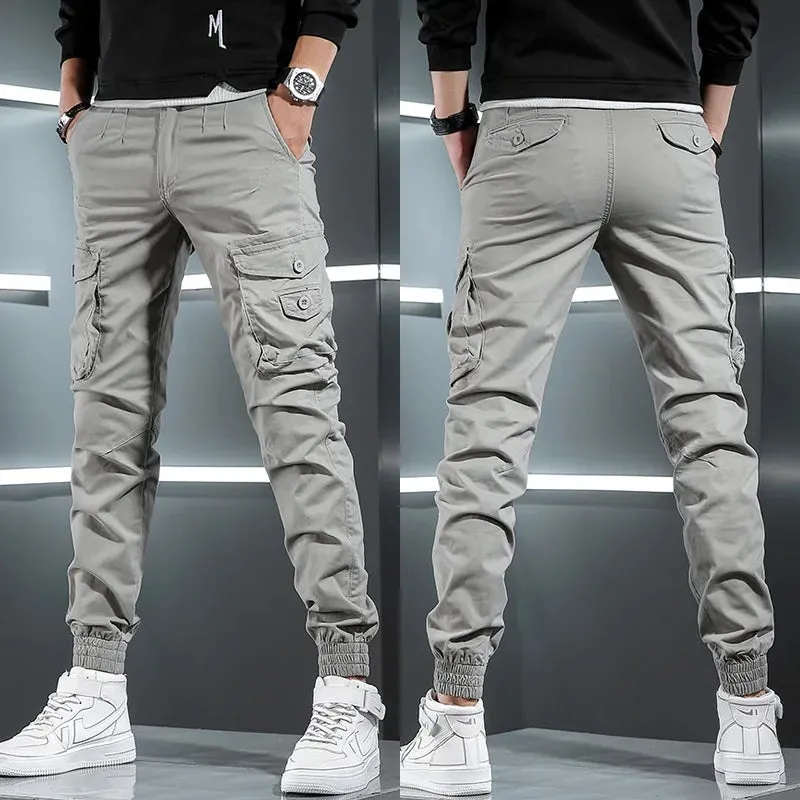 Men's Tactical Cargo Pants - Streetwear Multi-Pocket Hip Hop Joggers in Light Gray Cotton Slim Fit Trousers