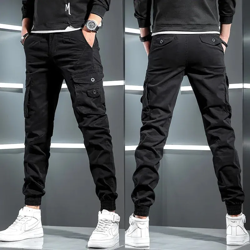 Men's Tactical Cargo Pants - Streetwear Multi-Pocket Hip Hop Joggers in Light Gray Cotton Slim Fit Trousers