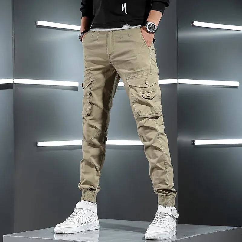 Men's Tactical Cargo Pants - Streetwear Multi-Pocket Hip Hop Joggers in Light Gray Cotton Slim Fit Trousers