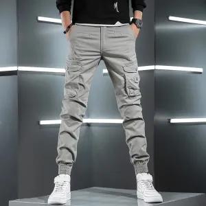 Men's Tactical Cargo Pants - Streetwear Multi-Pocket Hip Hop Joggers in Light Gray Cotton Slim Fit Trousers