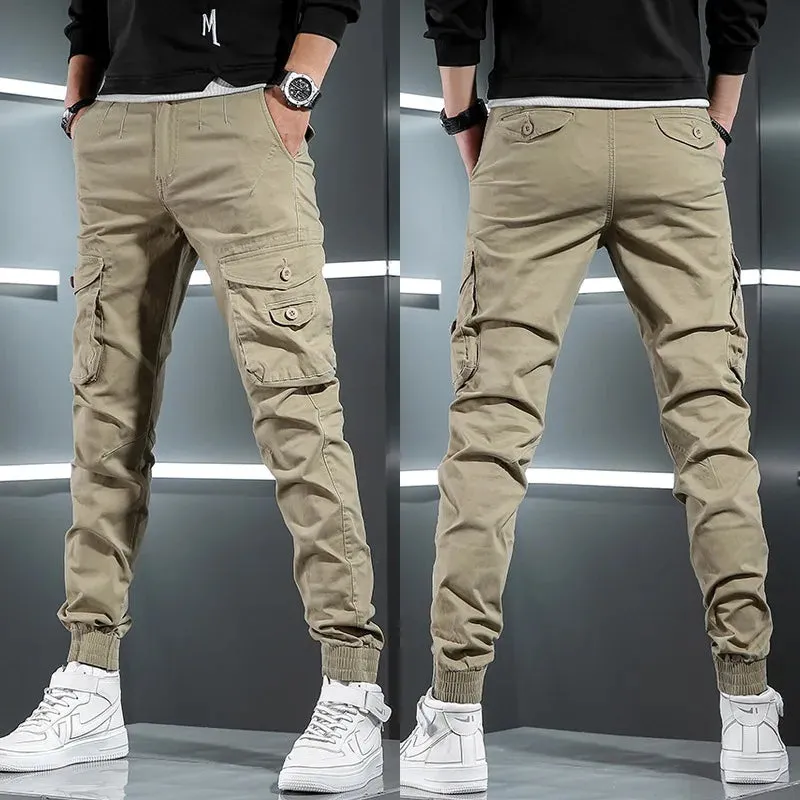 Men's Tactical Cargo Pants - Streetwear Multi-Pocket Hip Hop Joggers in Light Gray Cotton Slim Fit Trousers