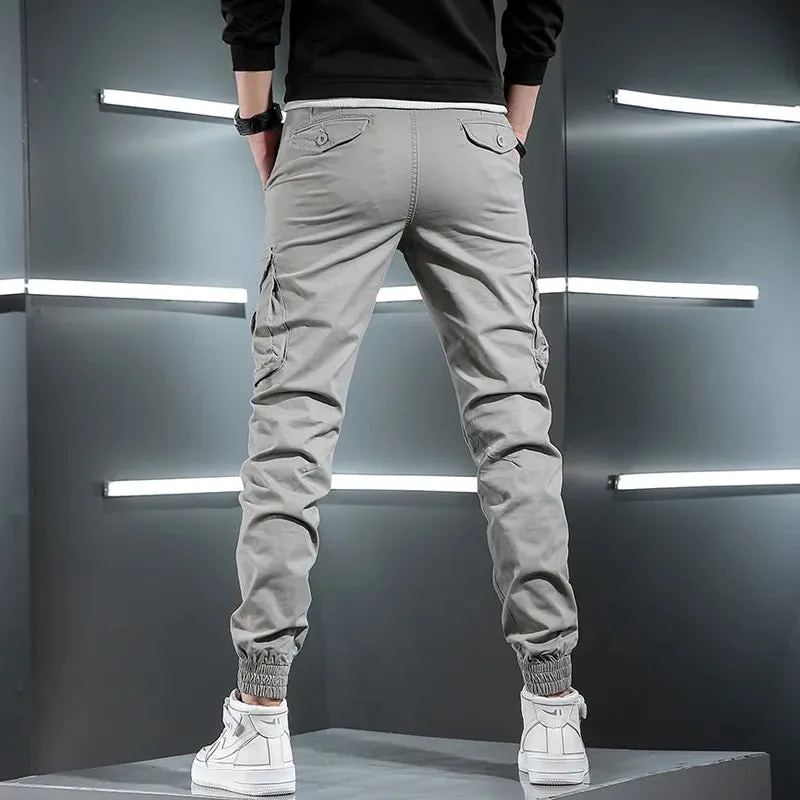 Men's Tactical Cargo Pants - Streetwear Multi-Pocket Hip Hop Joggers in Light Gray Cotton Slim Fit Trousers