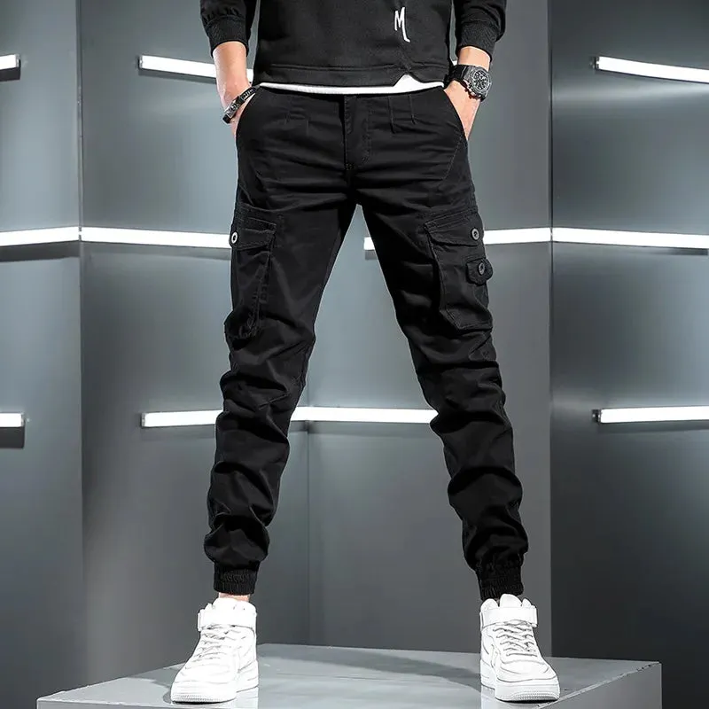 Men's Tactical Cargo Pants - Streetwear Multi-Pocket Hip Hop Joggers in Light Gray Cotton Slim Fit Trousers