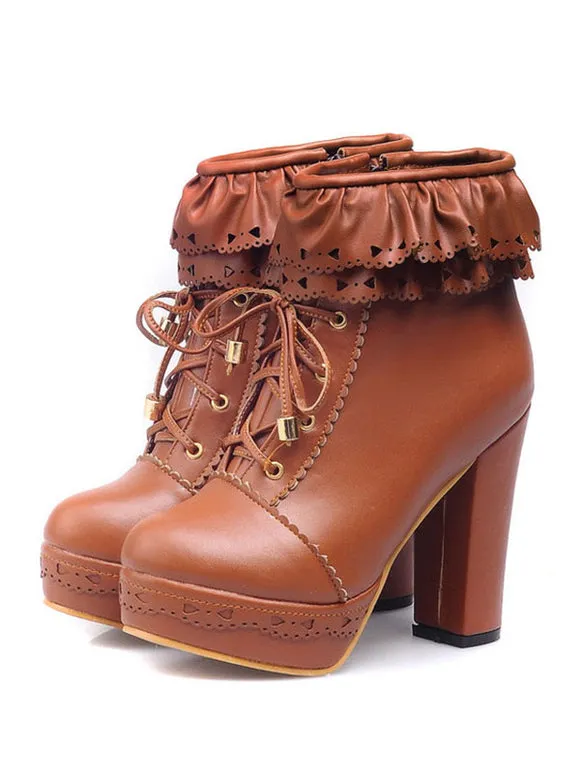 Pink Lolita Boots PU Leather Round Toe Chunky Heel Low Tops Lolita Footwear