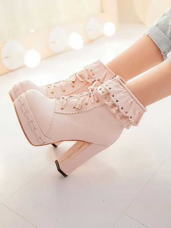 Pink Lolita Boots PU Leather Round Toe Chunky Heel Low Tops Lolita Footwear