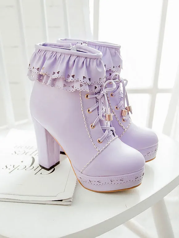 Pink Lolita Boots PU Leather Round Toe Chunky Heel Low Tops Lolita Footwear