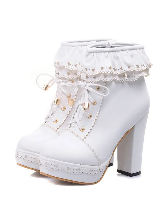 Pink Lolita Boots PU Leather Round Toe Chunky Heel Low Tops Lolita Footwear
