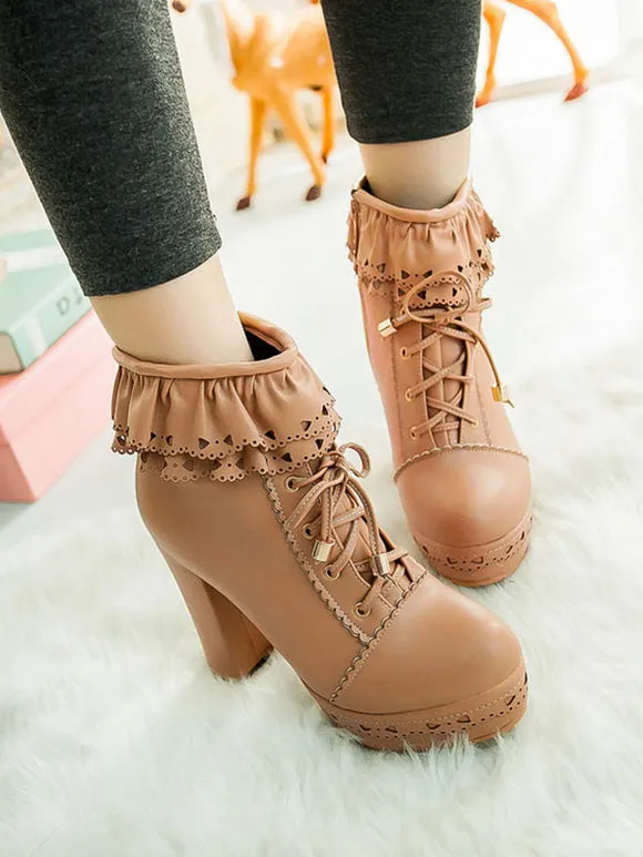 Pink Lolita Boots PU Leather Round Toe Chunky Heel Low Tops Lolita Footwear