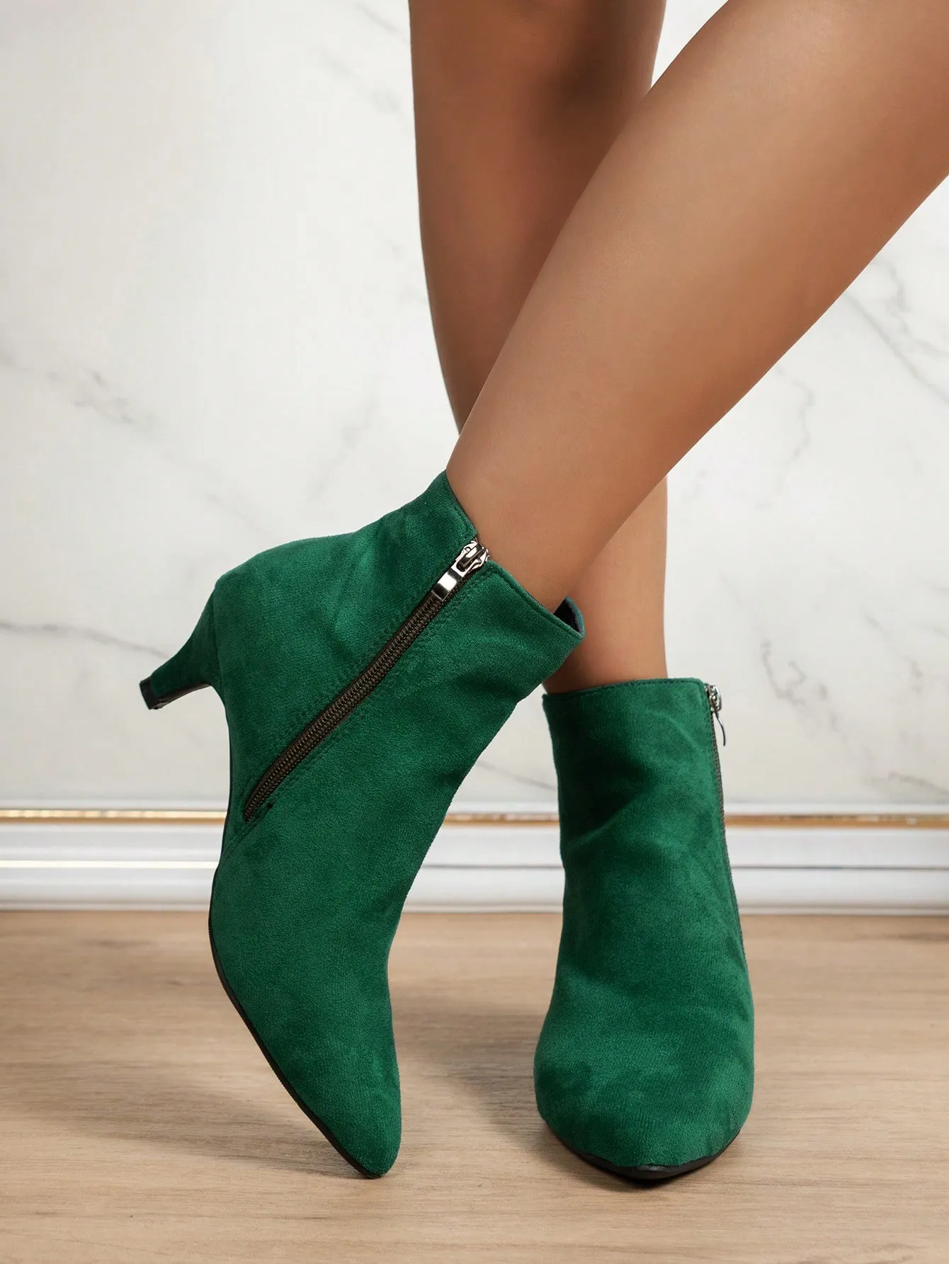 Pointed Toe Block Heel Boots With Side Zipper - Green