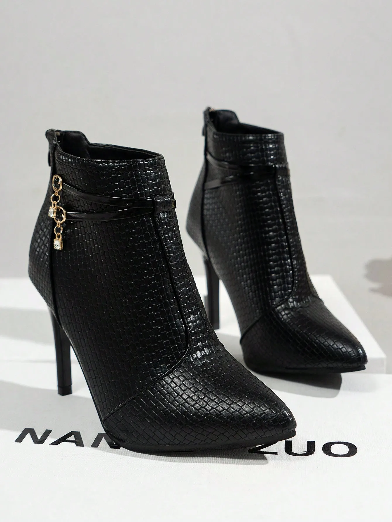 Pointed Toe Buckle Decor High Heeled Boots - Black - FD ⚡