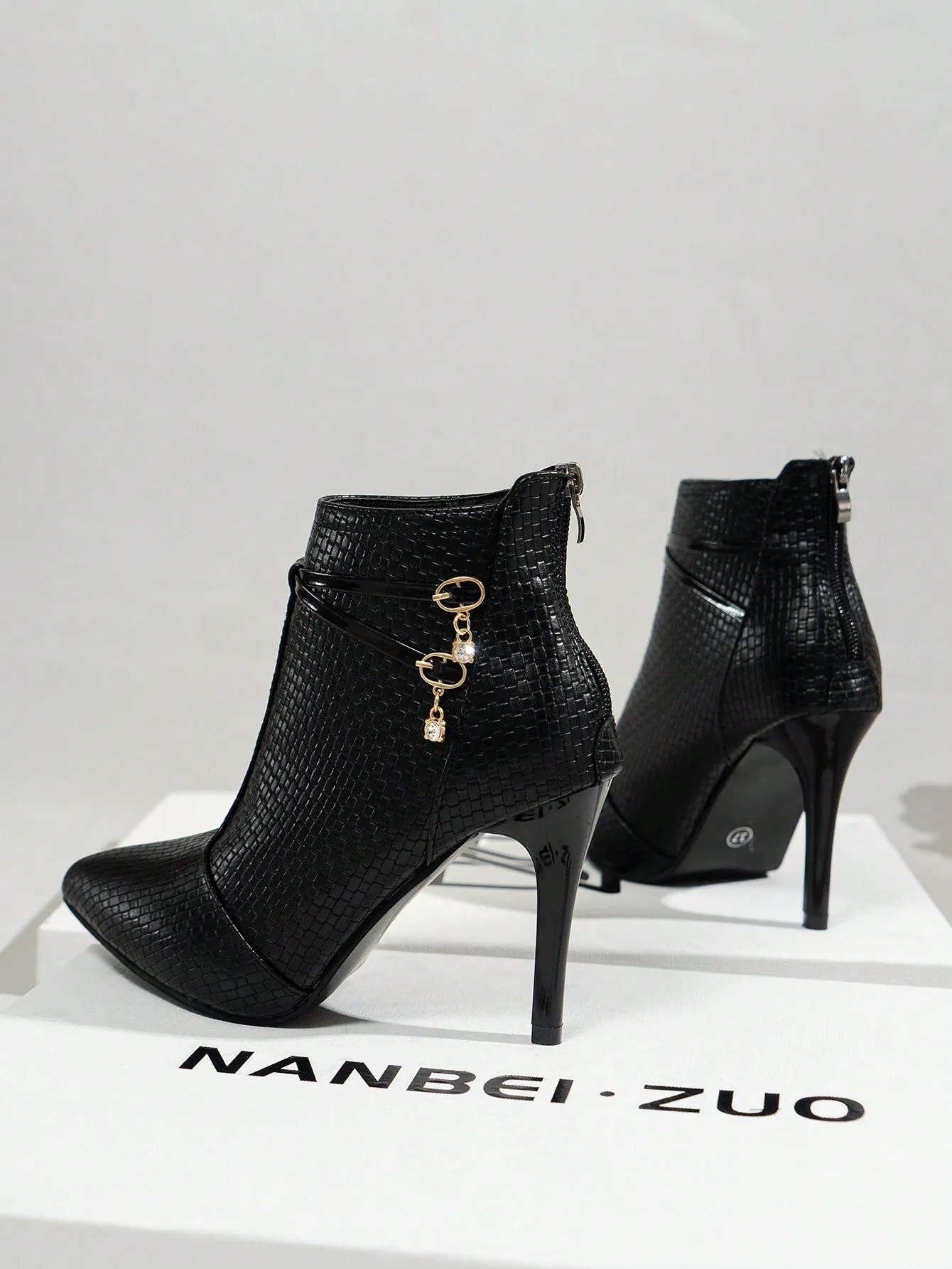 Pointed Toe Buckle Decor High Heeled Boots - Black - FD ⚡