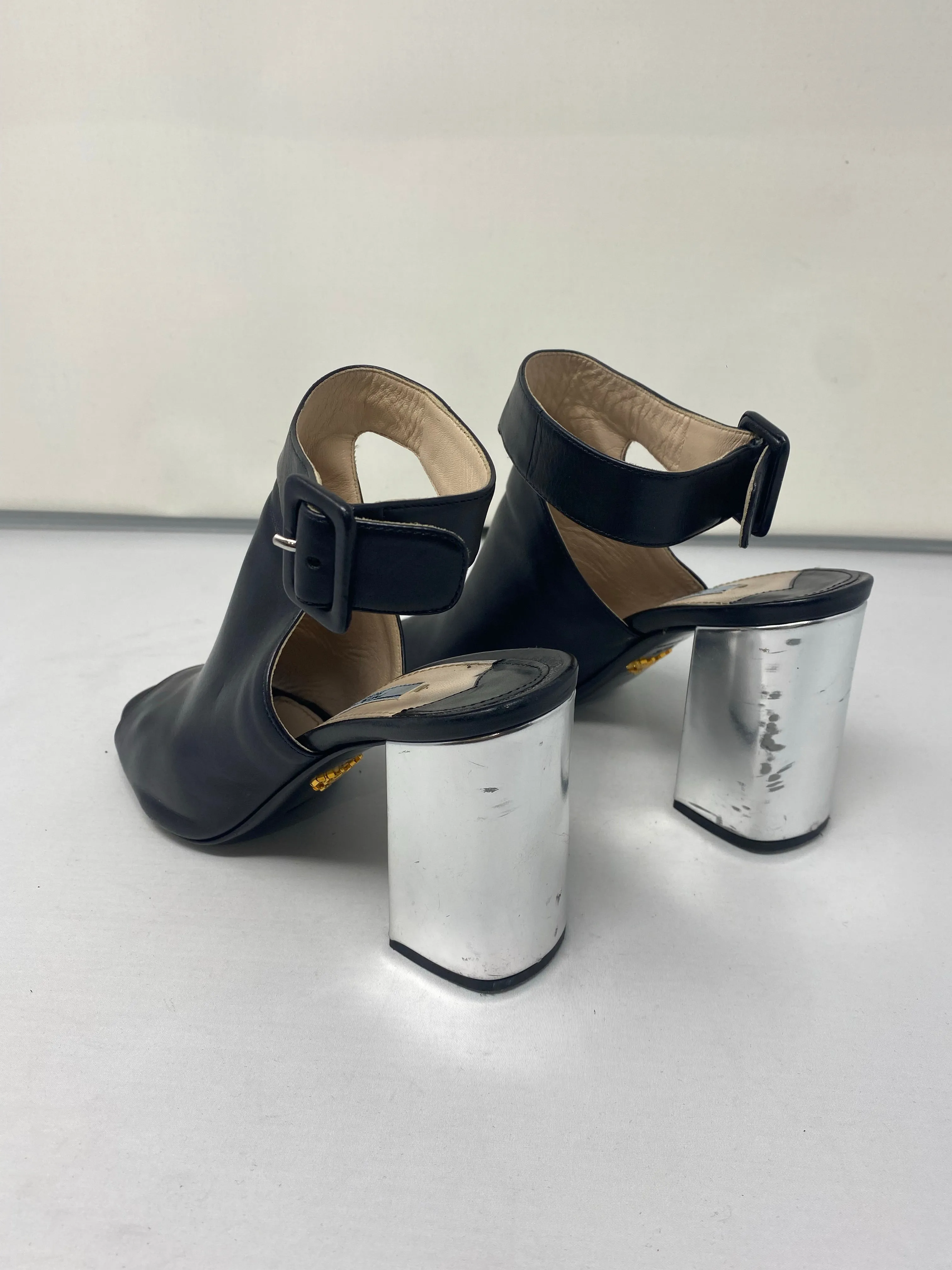 Prada Black Leather Peep Toe Sandal with Metallic Silver heel