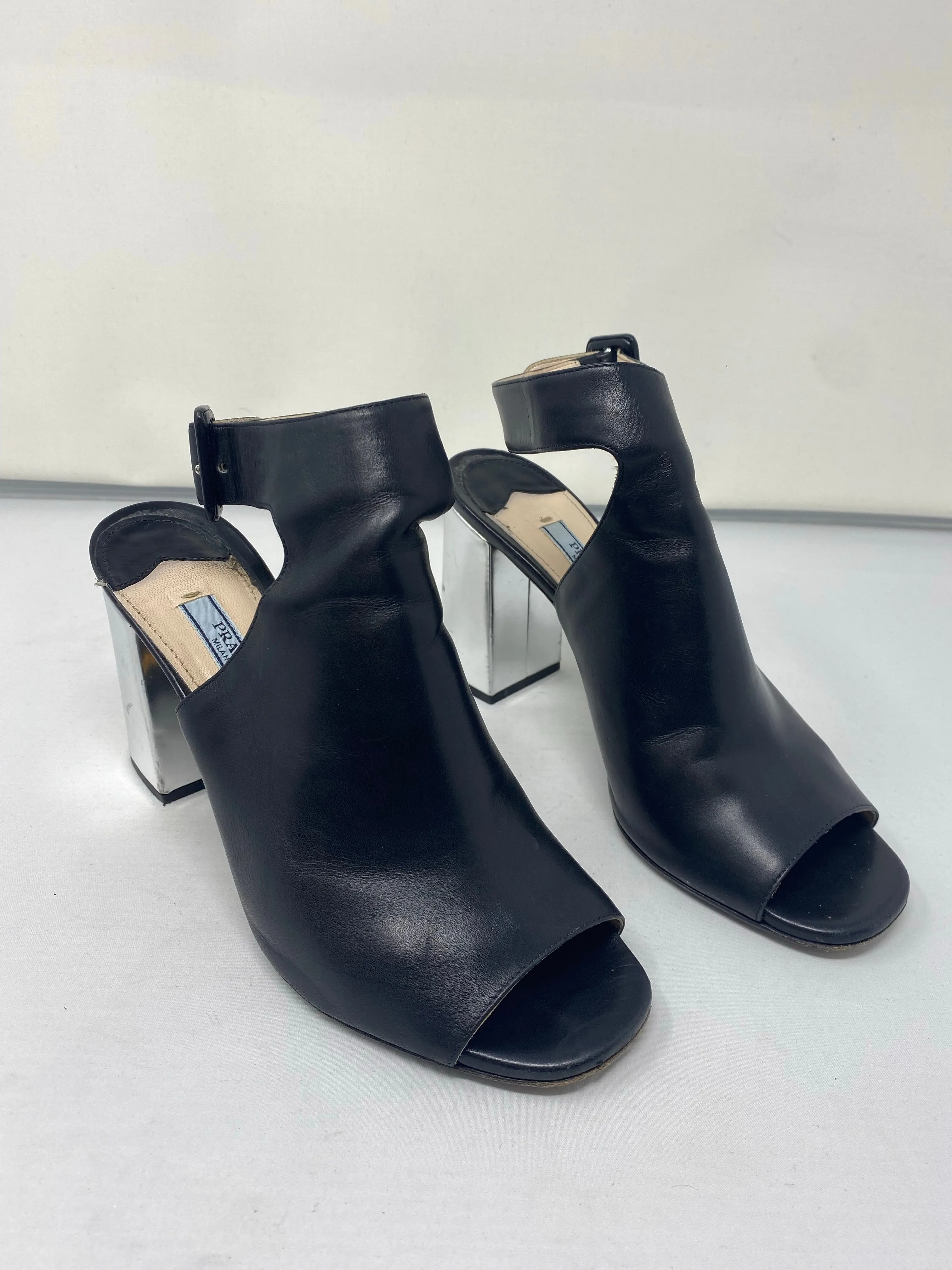 Prada Black Leather Peep Toe Sandal with Metallic Silver heel