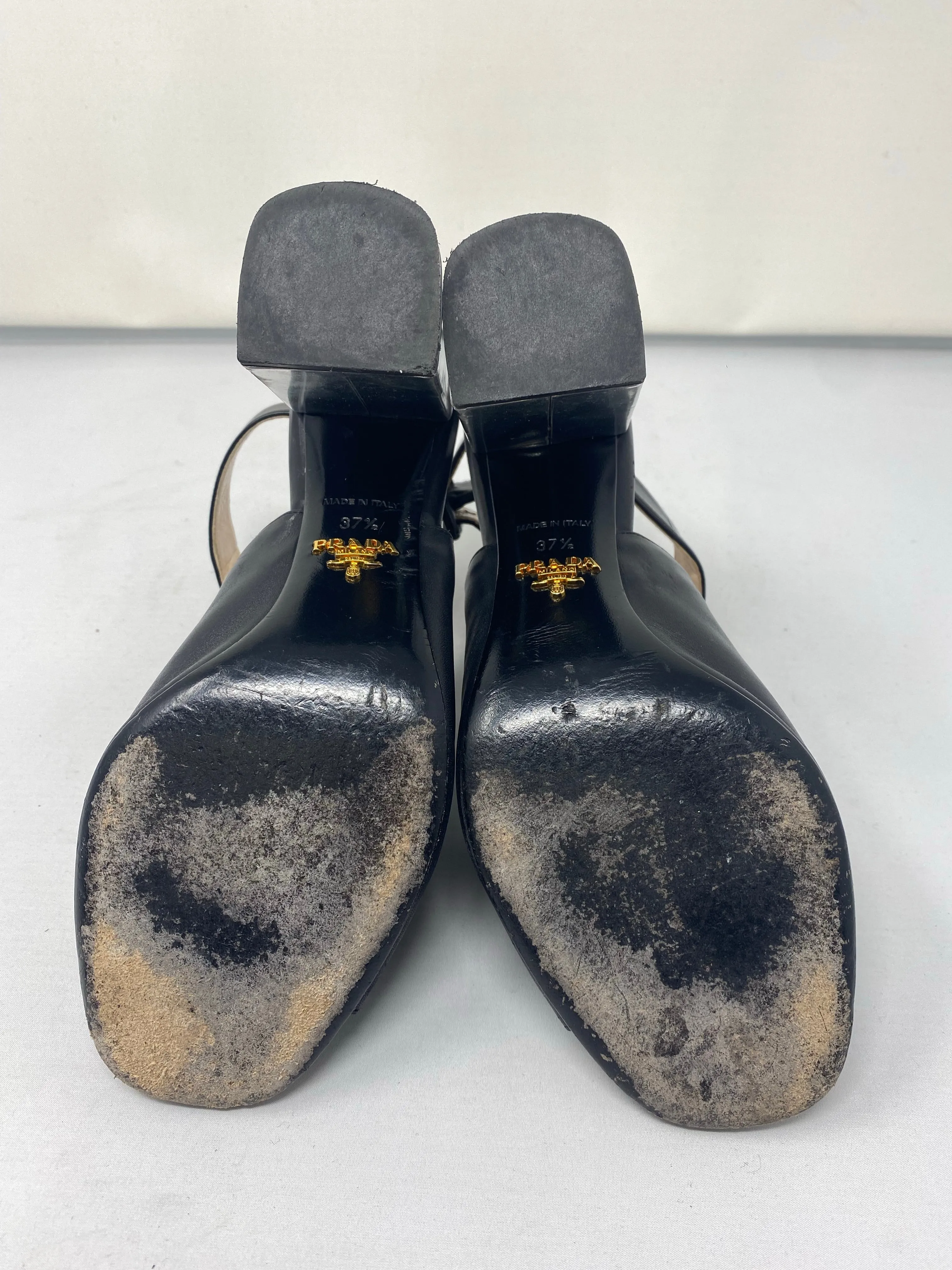 Prada Black Leather Peep Toe Sandal with Metallic Silver heel
