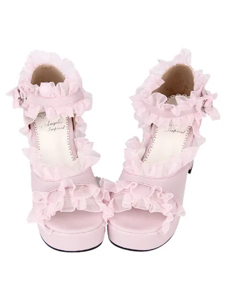 PU Leather Pink Ruffled Trim Mid Heel Round Toe Lolita Sandals