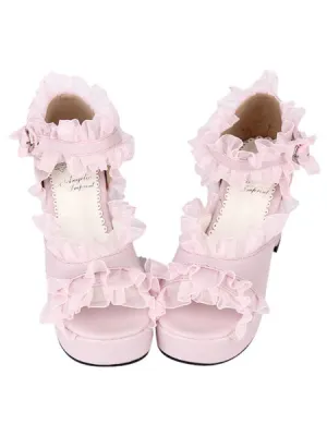 PU Leather Pink Ruffled Trim Mid Heel Round Toe Lolita Sandals