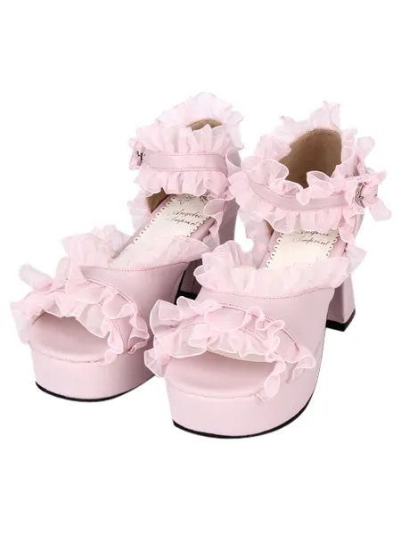 PU Leather Pink Ruffled Trim Mid Heel Round Toe Lolita Sandals