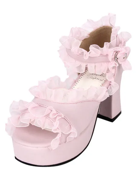 PU Leather Pink Ruffled Trim Mid Heel Round Toe Lolita Sandals