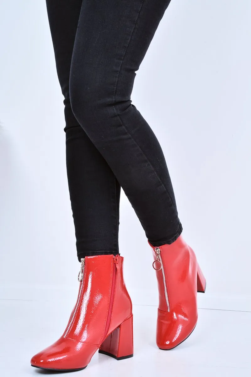 Red Patent Zip Front Ring Pull Block Heel Boots - Mischa