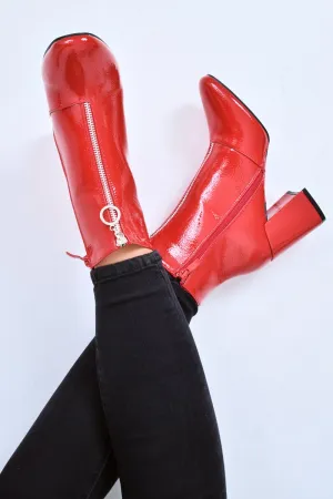 Red Patent Zip Front Ring Pull Block Heel Boots - Mischa