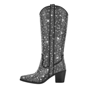 Rhinestone Western Cowboy Chunky Heel Boots