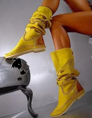 Rivets Pleated Boots Round Toe Flat Heel Knee High Motorcycle Boots