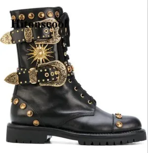 Runway Luxury Rivet Studded Ankle Boots Design Metal Buckles Decor Low Heels Booties Shoes Woman Fashion Women Martin Boots