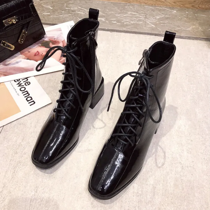 Small Size Lace Up Patent Short Boots TS223