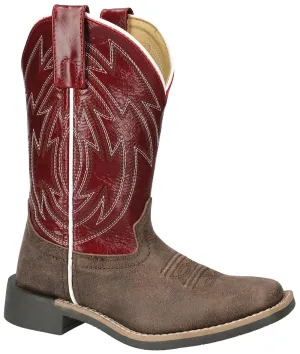 Smoky Mountain Boots Distressed Brown Square Toe Nomad Boots with Burgundy Tops for Kids