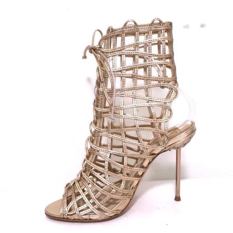 Sophia Webster Delphine Lace-Up Sandals Rose Gold Metallic Leather Size 36.5