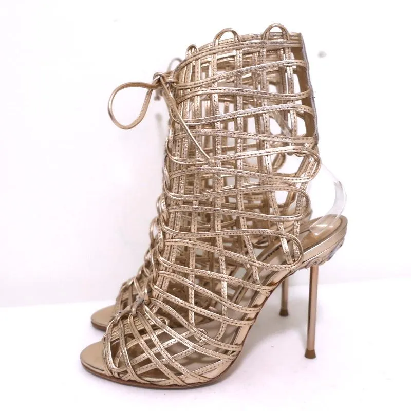 Sophia Webster Delphine Lace-Up Sandals Rose Gold Metallic Leather Size 36.5