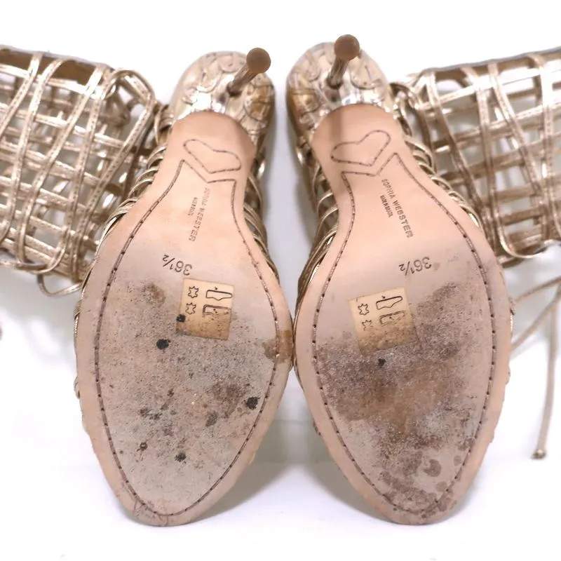 Sophia Webster Delphine Lace-Up Sandals Rose Gold Metallic Leather Size 36.5