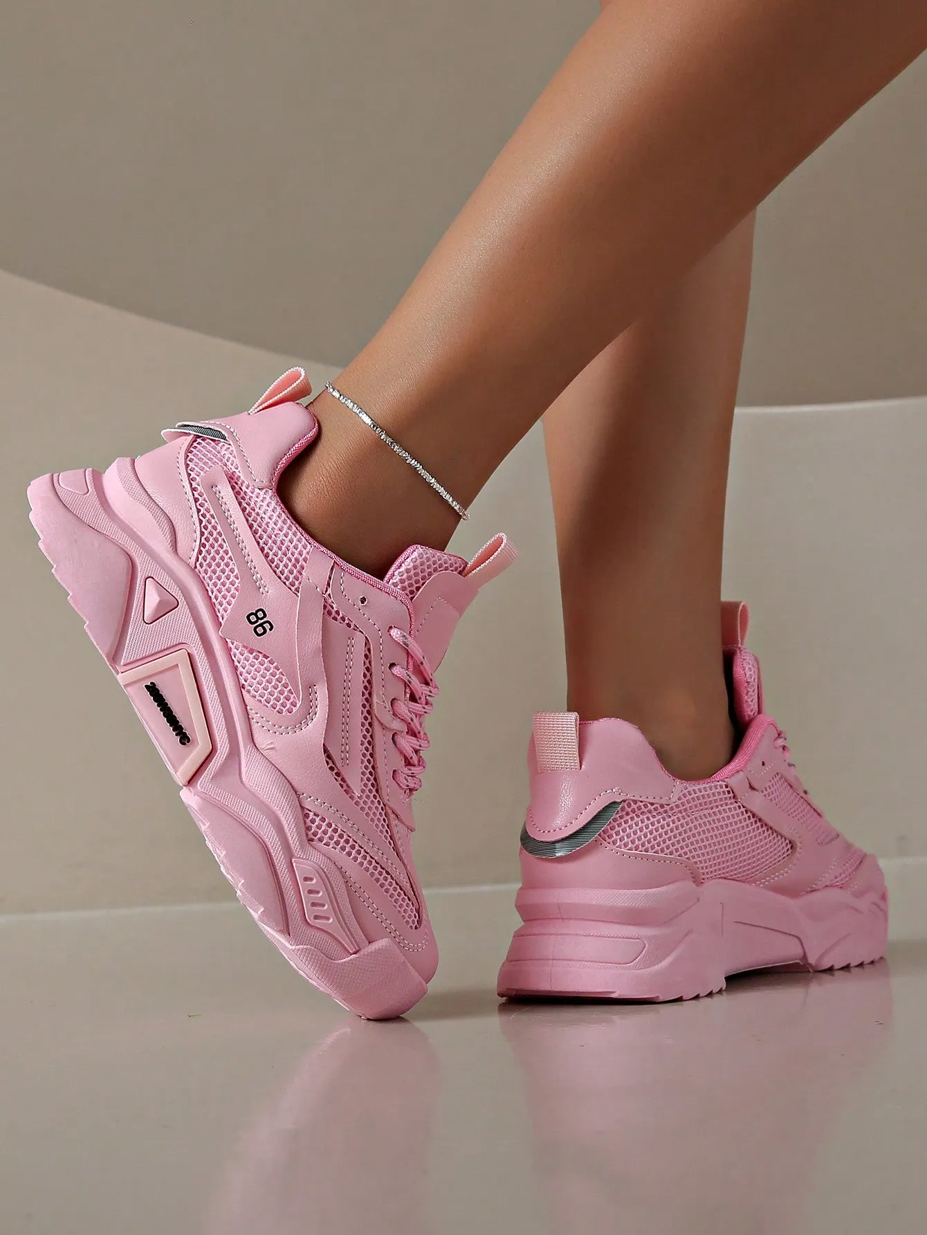 Thick-Soled Mesh Flat-Heeled Chunky Sneakers