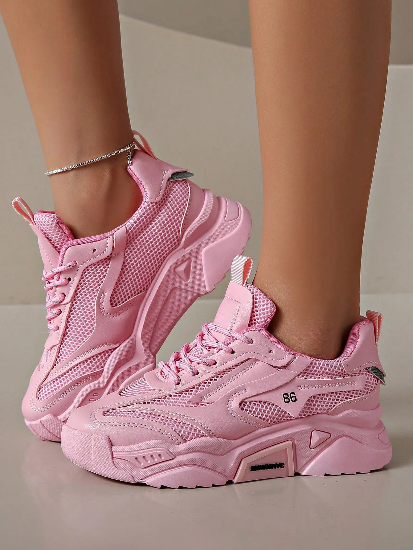 Thick-Soled Mesh Flat-Heeled Chunky Sneakers